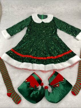 Festive Green Sequin Elf Dress with White Trim Christmas costume.